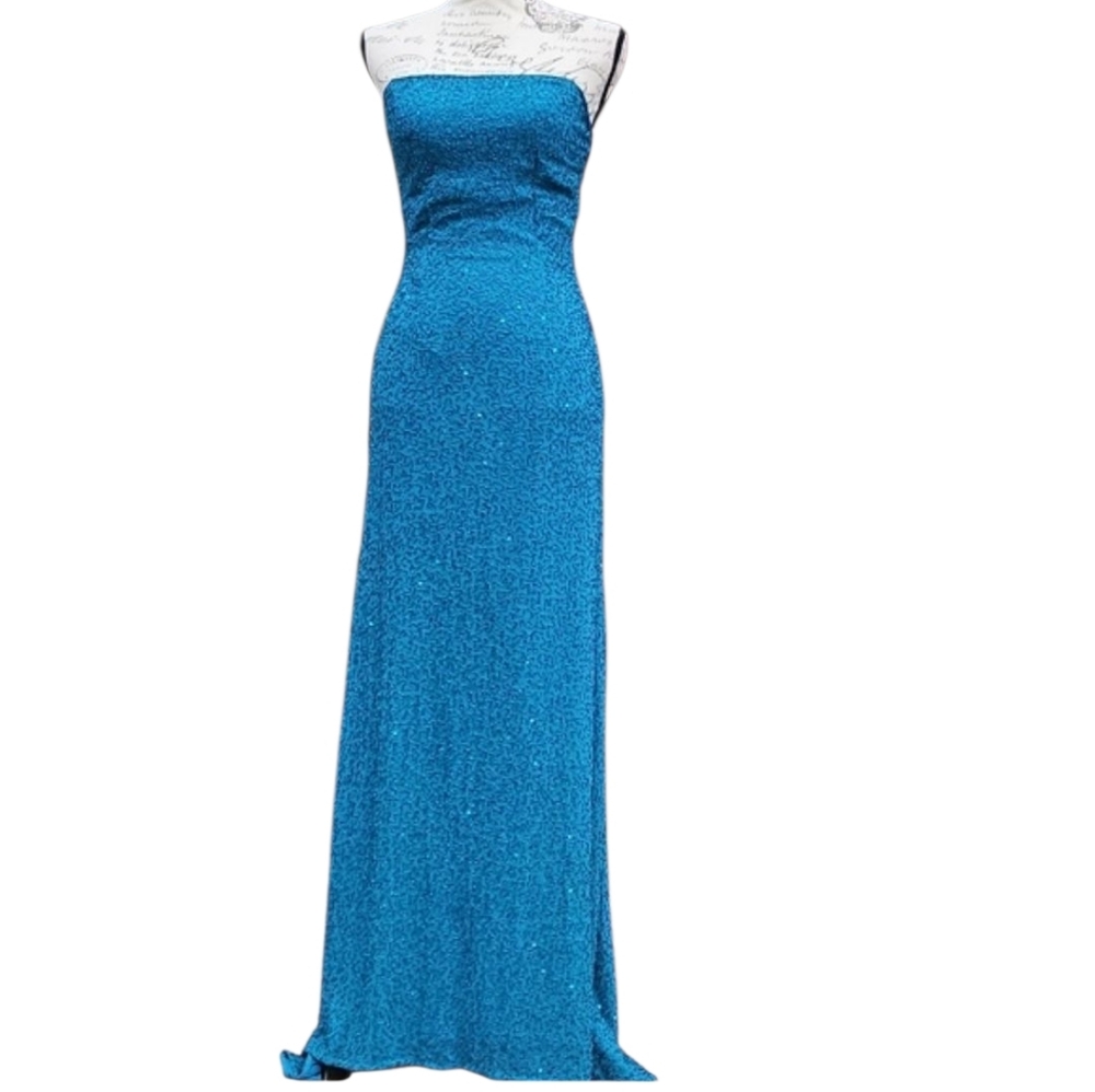 Mia Bella Vintage Y2K 00s Blue Teal Beaded Dress Formal Gown with Train Size M